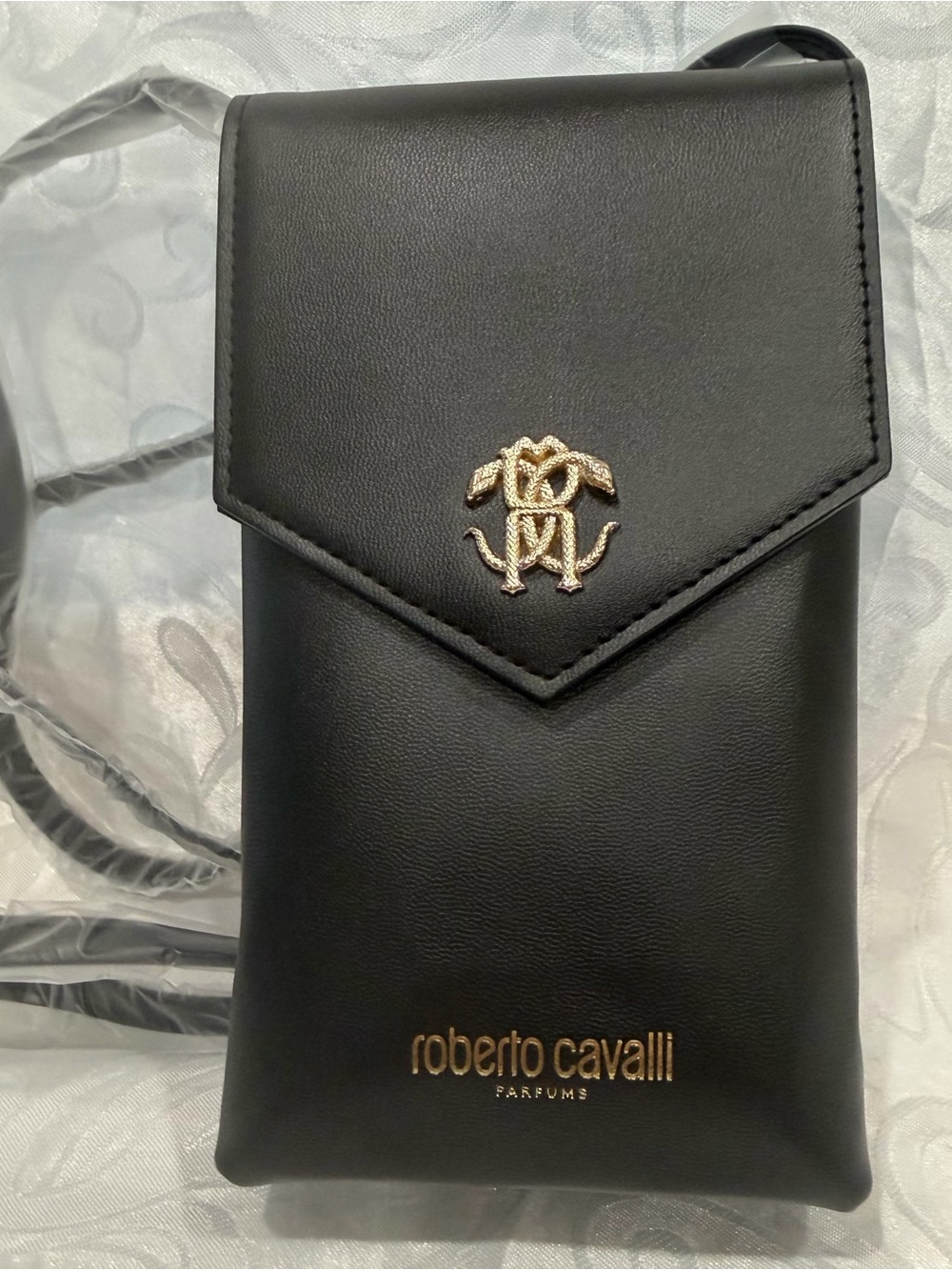 Roberto Cavalli Black Leather Mini Crossbody Phone Bag. New 8X4.5”